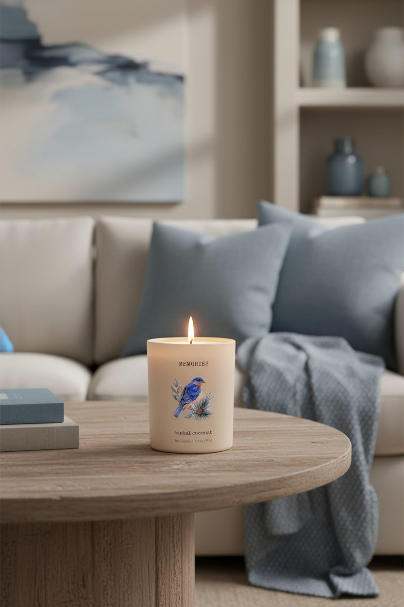 A lit cream-colored candle with a blue bird illustration sits on a round wooden table in a softly styled living room with beige sofas, blue pillows, and a blue throw blanket.