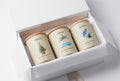 Three cream-colored soy candles with light wood lids are lined up on a white marble countertop. The candles feature watercolor illustrations and labels: 'Memories Christmas Night' with a Christmas tree, 'Memories Summer Drive-In' with a blue van and palm trees, and 'Memories Mental Coconut' with a bluebird.