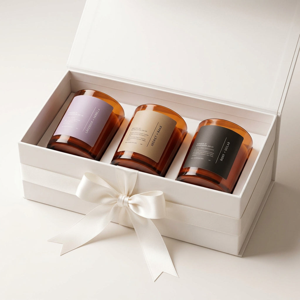 Three amber glass scented candles with minimalist labels in lavender, beige, and black, arranged side-by-side on a rustic wood background.